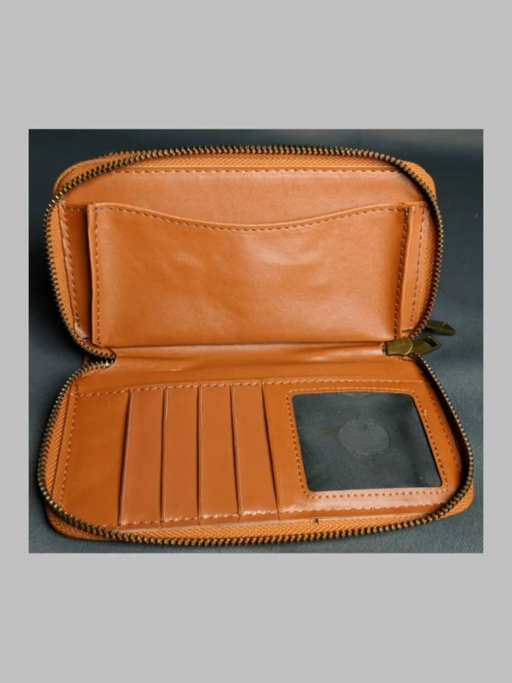 Brown Tan Woven Canvas Zip Around Wristlet Wallet Organizer Faux Leather Women